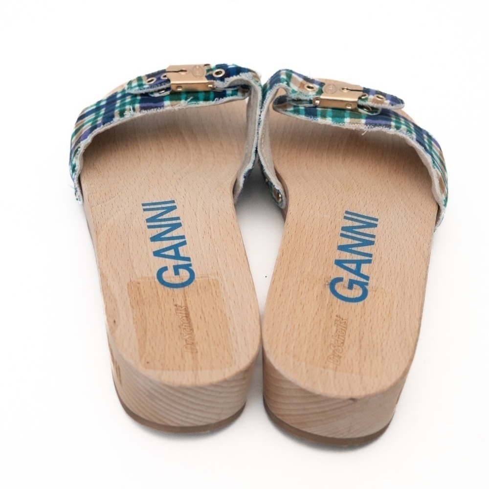Ganni X Scholl. Wooden Clogs in Check Blue Iris. - Picture 5 of 11